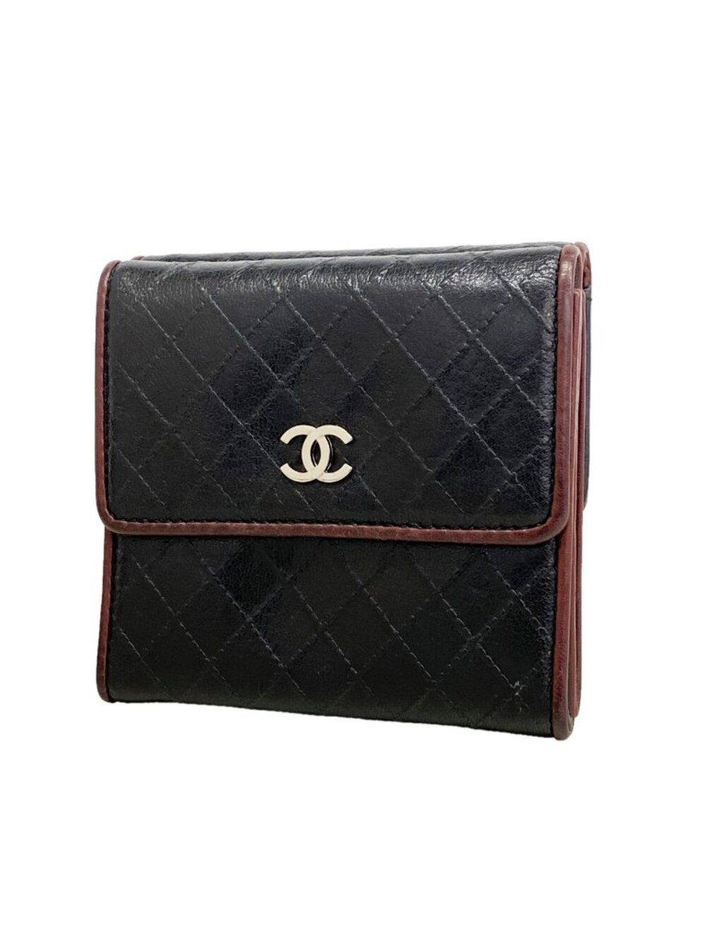 Chanel Trifold Wallet Bicolor Leather Black Silver